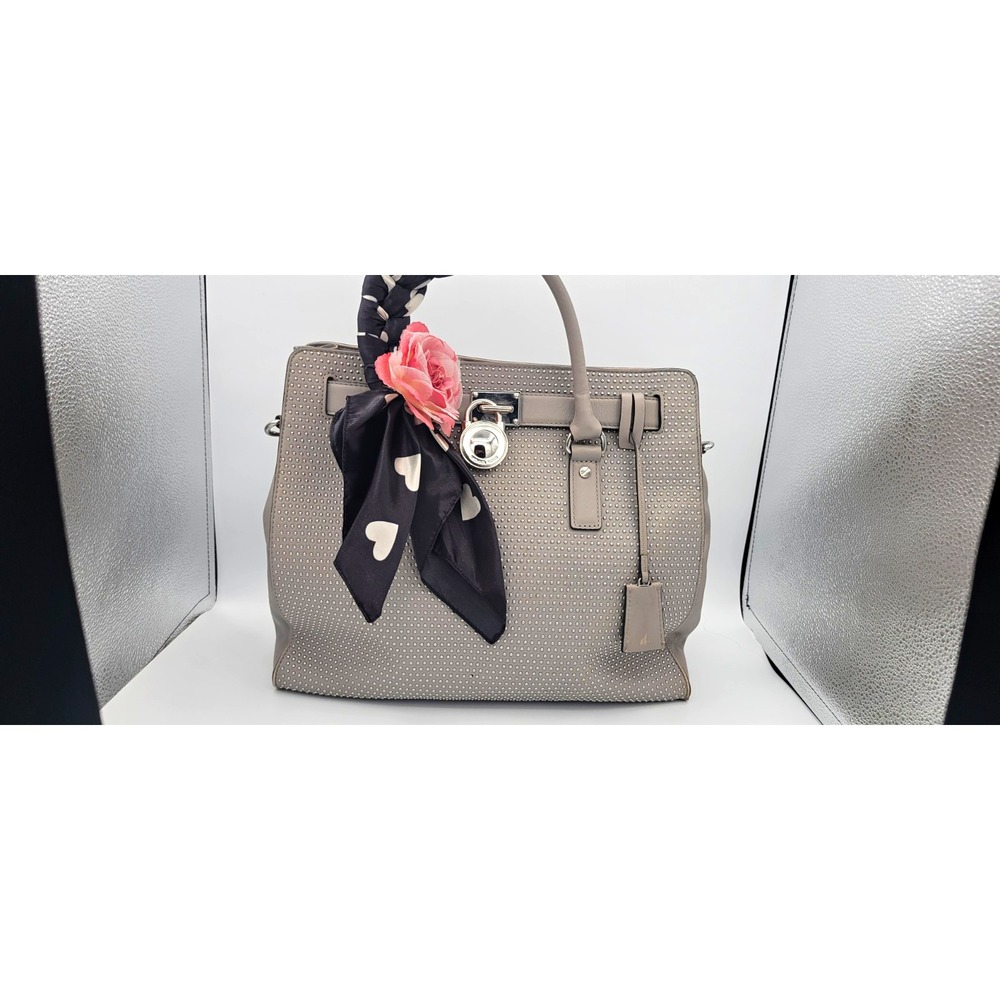 Michael Kors Hamilton Large Gray Satchel Rare Micro Studded Full Front Scarf